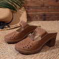thumbnail image 6 of Women's Cut-Out Perforated Block Heel Mules, Closed Toe Scalloped Slide Sandals for Casual Wear Brown 6.5, 6 of 9