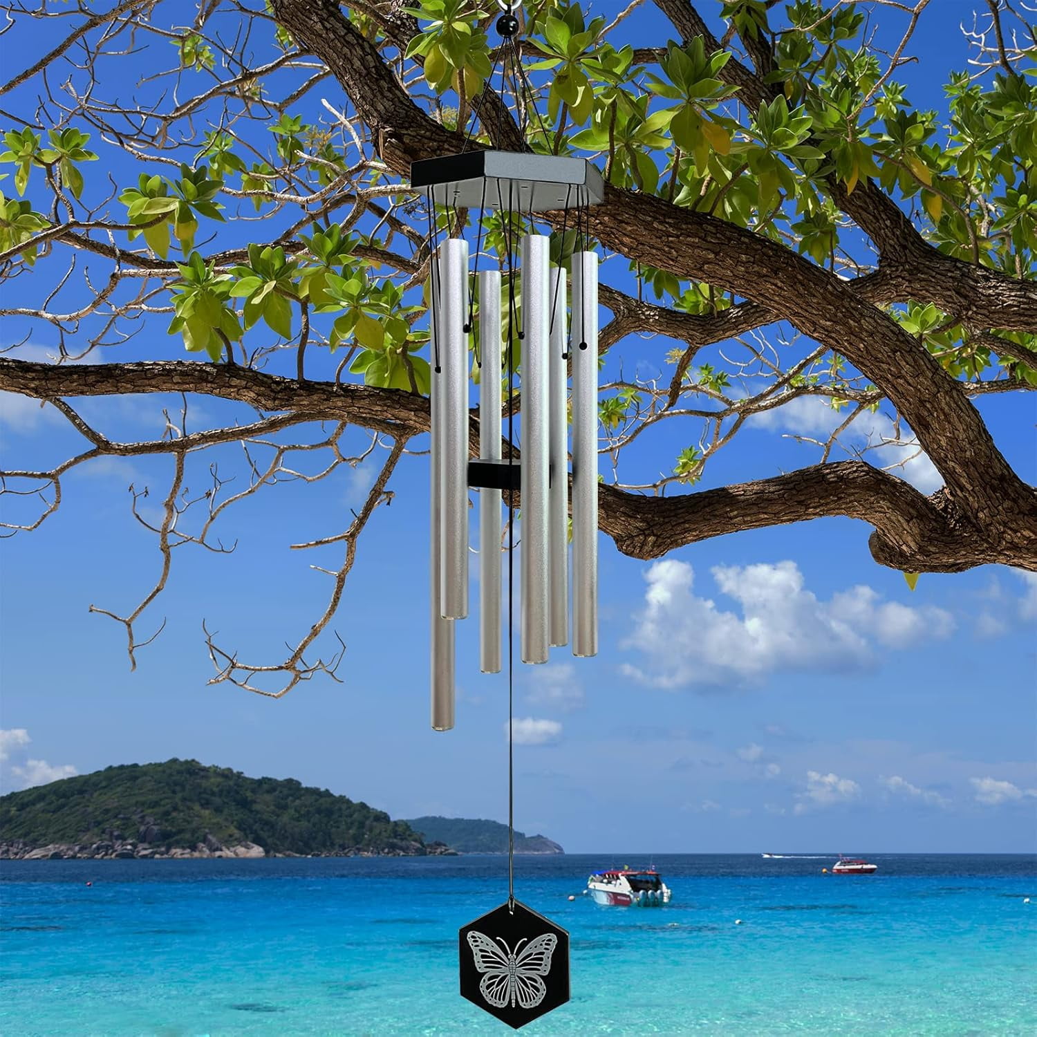 FONMY 33 inch Height Outdoor Butterfly Memorial Wind Chimes, Deep Tone Silver Large Windchimes for Garden Decor, Yard Art Decor