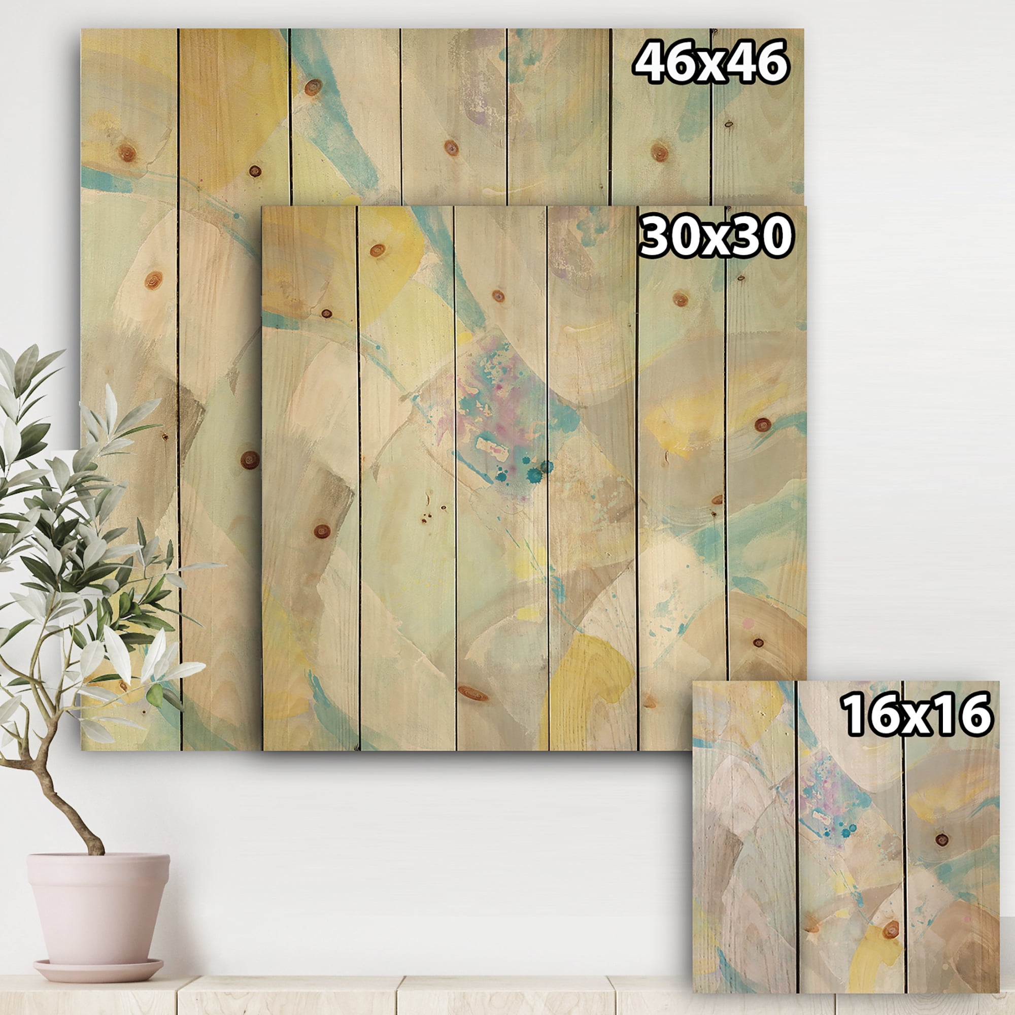 Designart 'Abstract Compositions Of Pastel Green and Blue' Modern & Contemporary Print on Natural Pine Wood