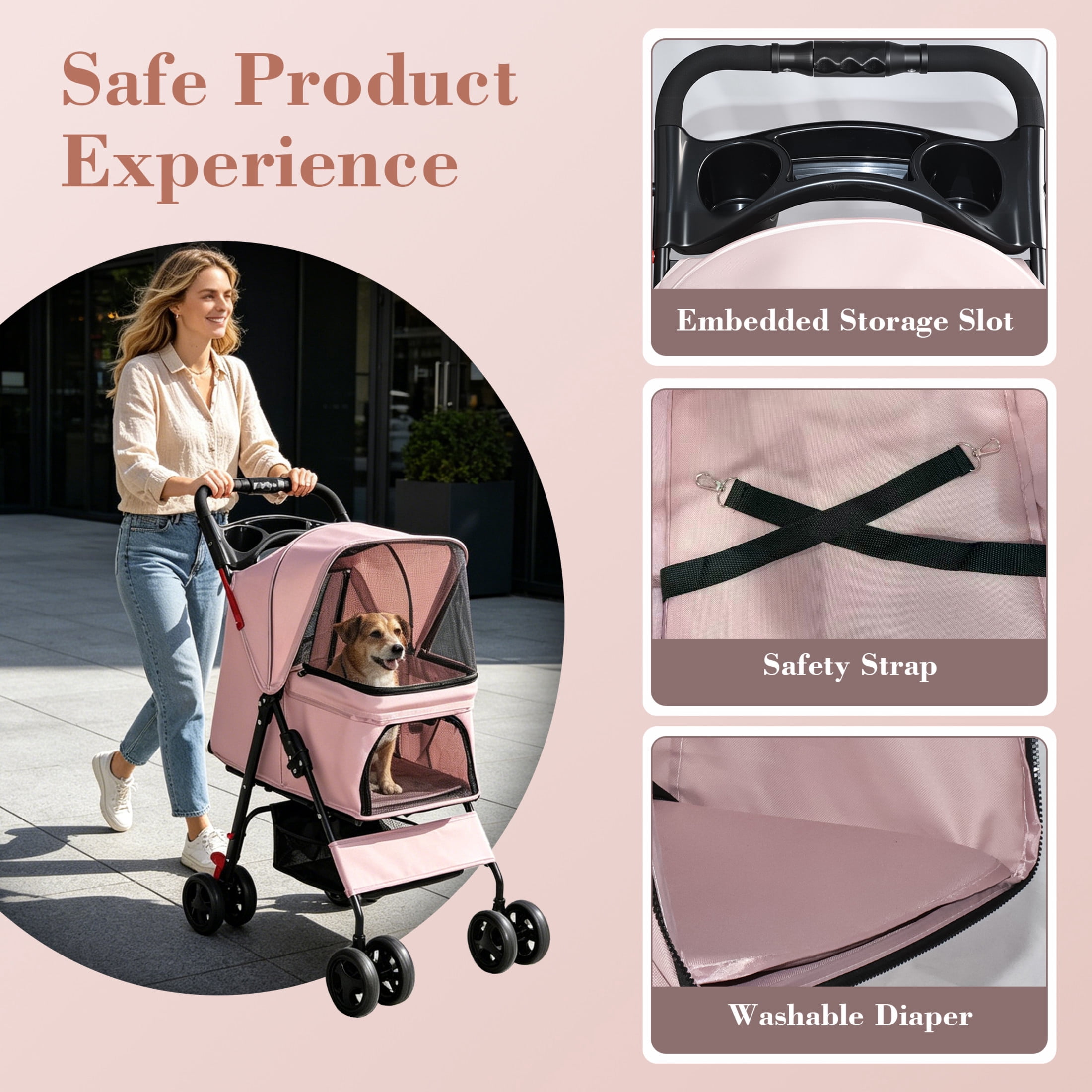 Noble House Foldable Pet Stroller for Small Dogs & Cats up to 28 lbs with Storage Basket, Pink