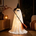 thumbnail image 6 of MYUNNIL Halloween Lighted Witch Ghost Ornament, 5Ft White Large Freestanding Fabric LED Ghost Prop with Witch Hat & Straw Broom, Cute Warm Glowing Decor for Porch Entryway Party Display, 6 of 9