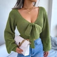 thumbnail image 4 of Suéter de Punto Acanalado con Lazo y Larga para Mujer, Top Corto con Cuello en V para Otoño e Invierno. Verde S, 4 of 10