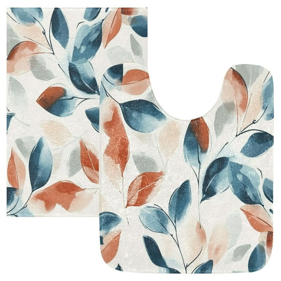 2 Piece Soft Bathroom Rug Set Soft Blue Watercolor Leaves Bath Mat and U-Shaped Toilet Contour Rug (16"x24" 20"x24")