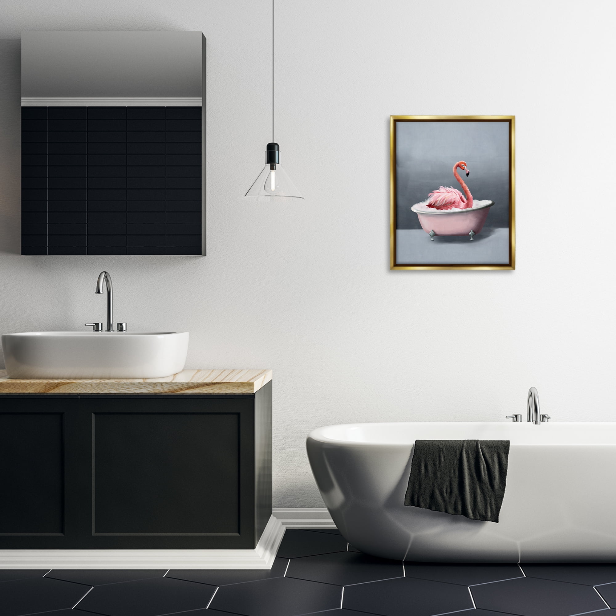 Stupell Industries Flamingo in Bathtub Bath & Laundry Painting Gold Floater Framed Canvas Art Print Wall Art, 17 x 21