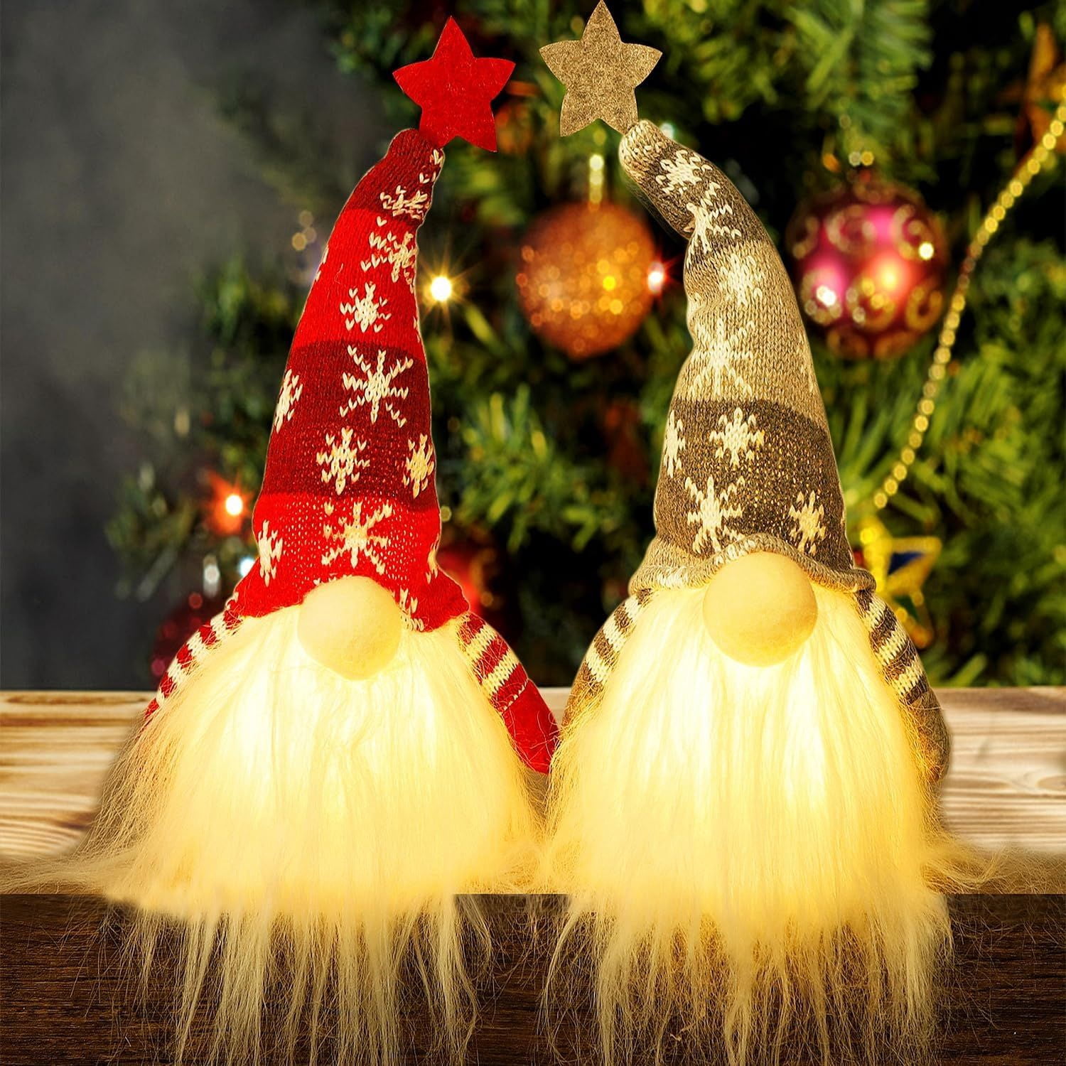 Lighted Christmas Gnome, Handmade Plush Scandinavian Swedish Tomte, Light Up Elf Toy Holiday Present, Battery Operated Winter Tabletop Christmas Decorations, 2 Set