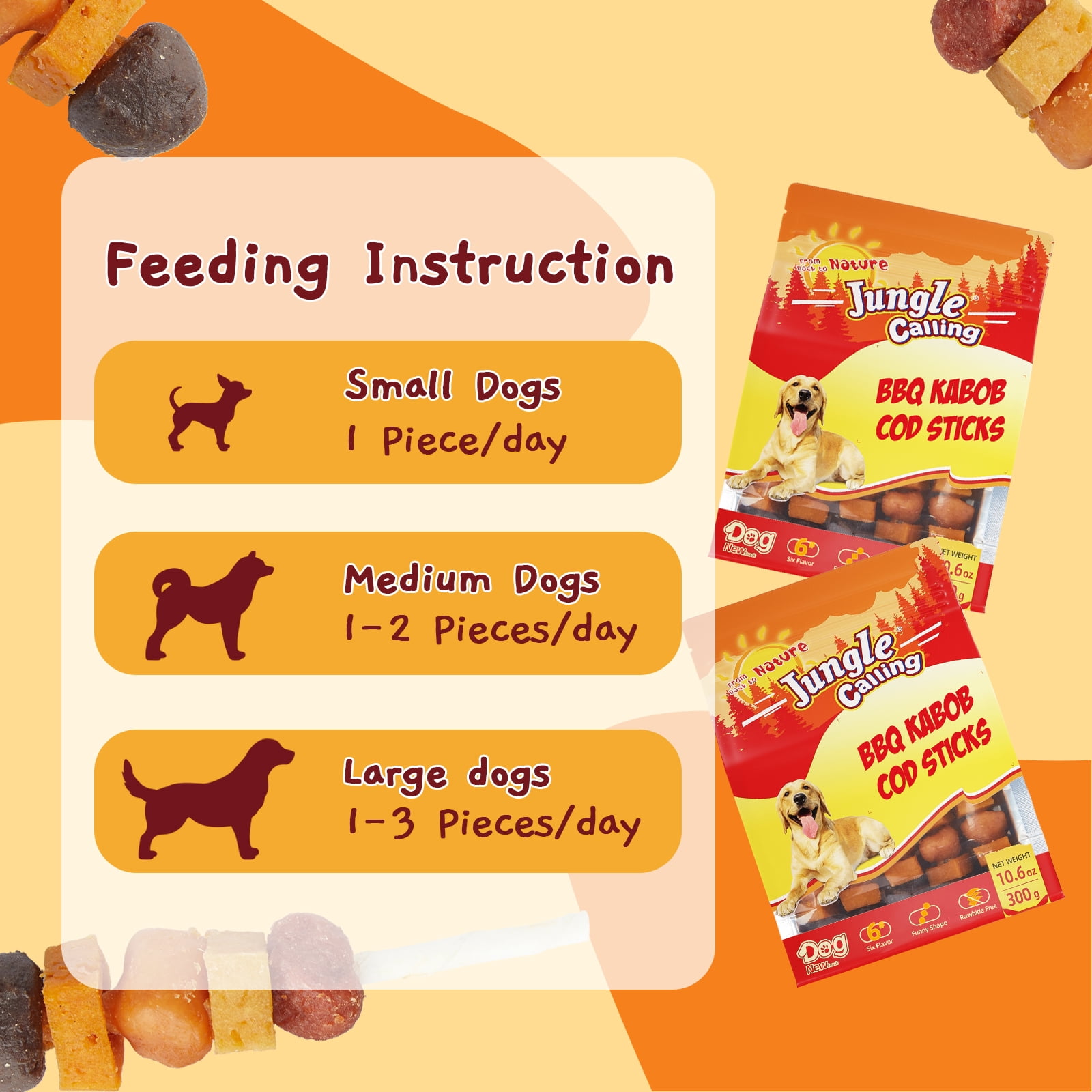 (5 pack) Jungle Calling Dog Treats, Cod Sticks, Sweet Potato, Pumpkin & Meat Kabobs for Dogs
