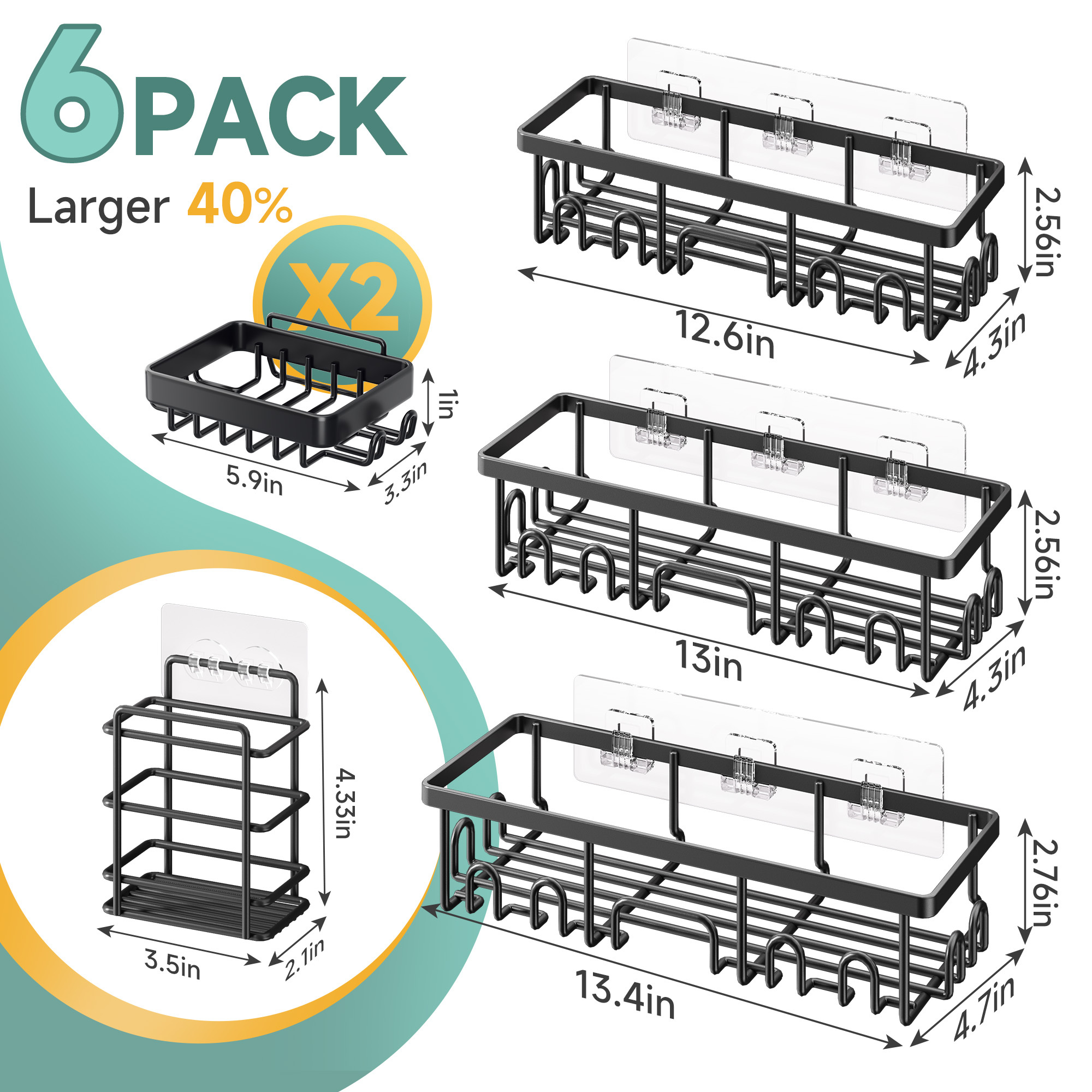 Ophanie 6-Piece Adhesive Shower Caddy Set, Black photo 2