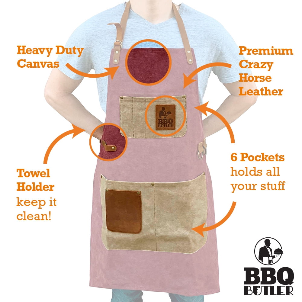 BBQ Butler Grilling Apron - Premium Grill Canvas Apron - Deluxe Leather