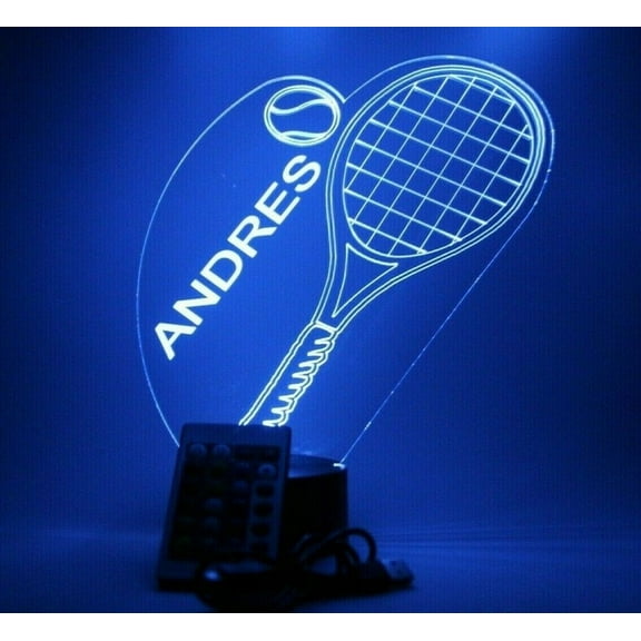 Tennis Racket Racquets and Ball Sports Player Night Light Up Table Lamp LED Free Engraved Custom Name Personalized With Remote, 16 Color Options, Dimmer, It's WOW, Great Gift