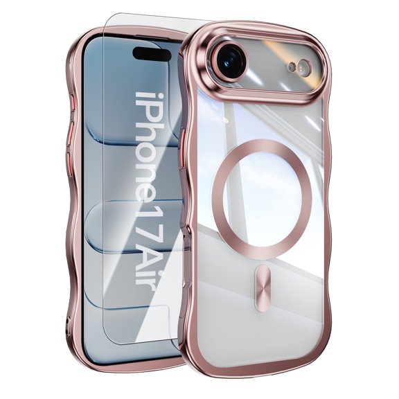 Dteck Magnetic Case with Tempered Glass Screen Protector for iPhone Air,Shockproof Wavy Clear Case Compatible with Mag Safe Electroplated TPU Cover for iPhone Air,Pink