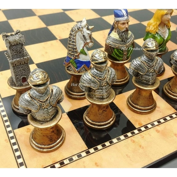 Medieval Times Crusades Busts PAINTED Chess Set 15" Walnut Maple Color Board