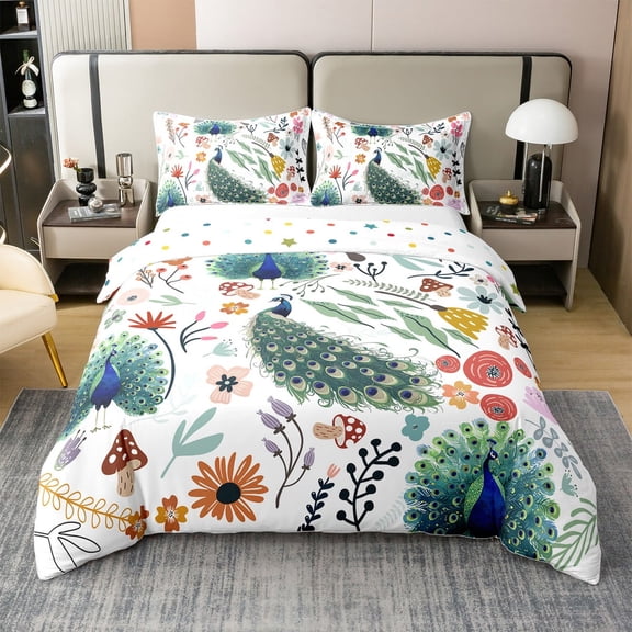 Peacock 100% Natural Cotton Duvet Cover for Woman Man,Aesthetic Animal Comforter Cover King,Rustic Flowers Leaves Bedding Set,Natural Wild Fungus Bedspread Cover with 2 Pillowcases