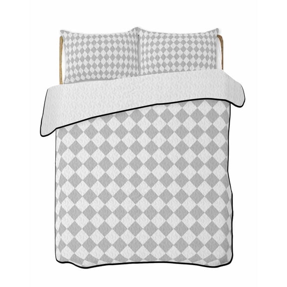 Quilts Queen Size Bedding Set, Grey Plaid Reversible Summer Quilt 3 Pieces, Modern Minimalist Geometric Gingham Checkered Lightweight Bedspreads Coverlets with 2 Pillow Shams for All Seasons