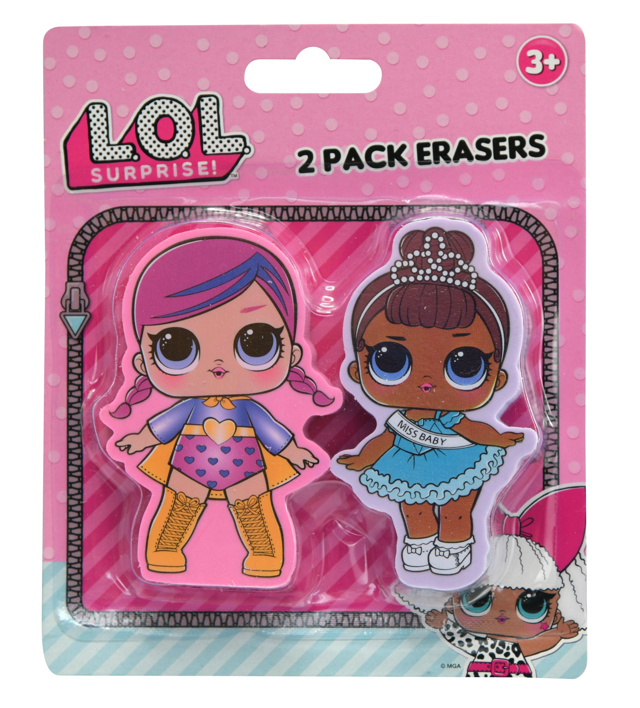 L.O.L Surprise 2 Shaped Erasers on Card Set, Girls School & Office Supplies