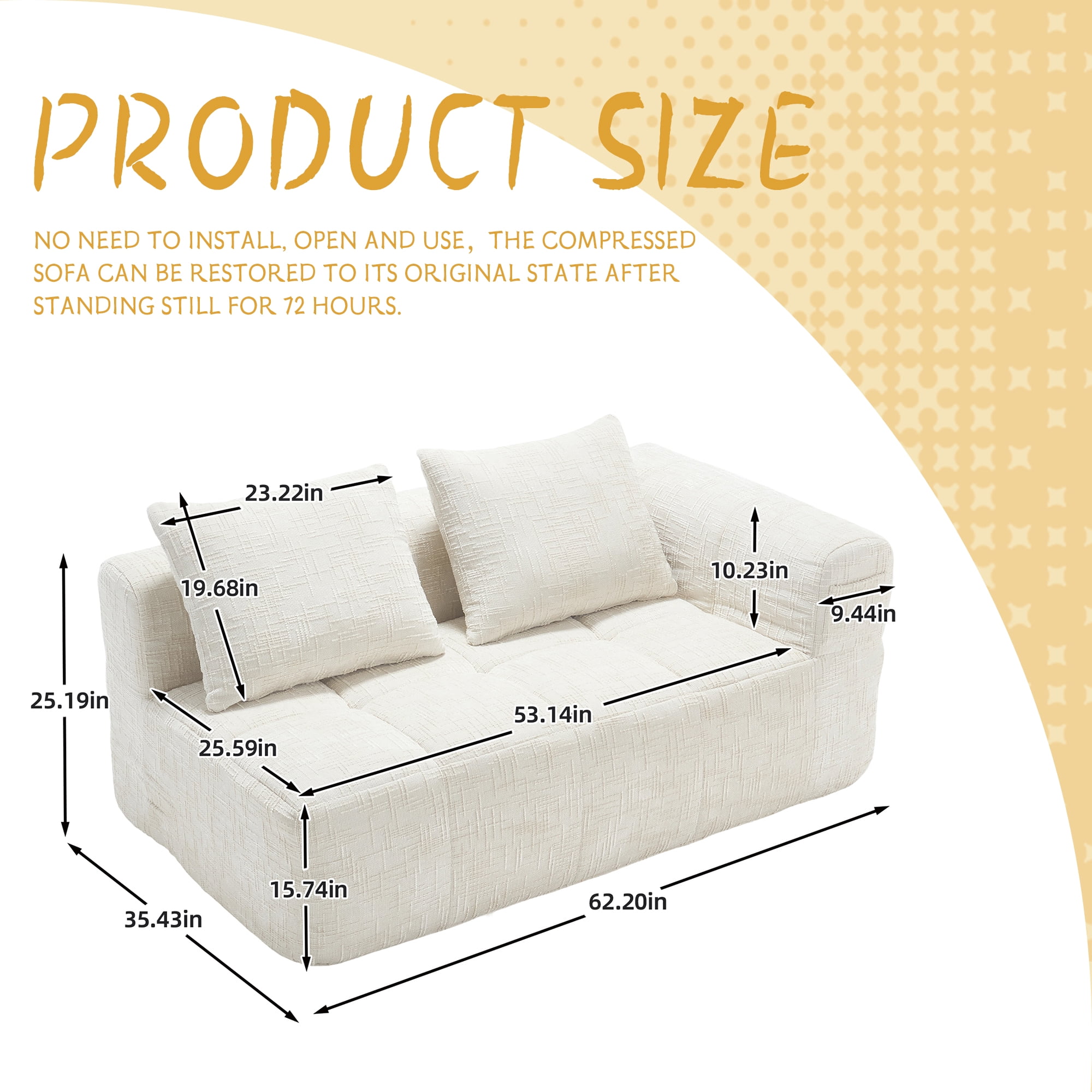 MOONMISS Chenille Upholstered Modern 2-Seater Lazy Compression Sofa with Small Side Pocket-Beige