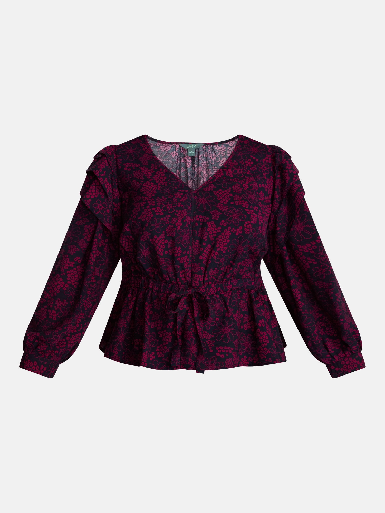 Terra & Sky Ruffled Shoulder Tie Waist Top with Long Puff Sleeves, Sizes 0X-5X