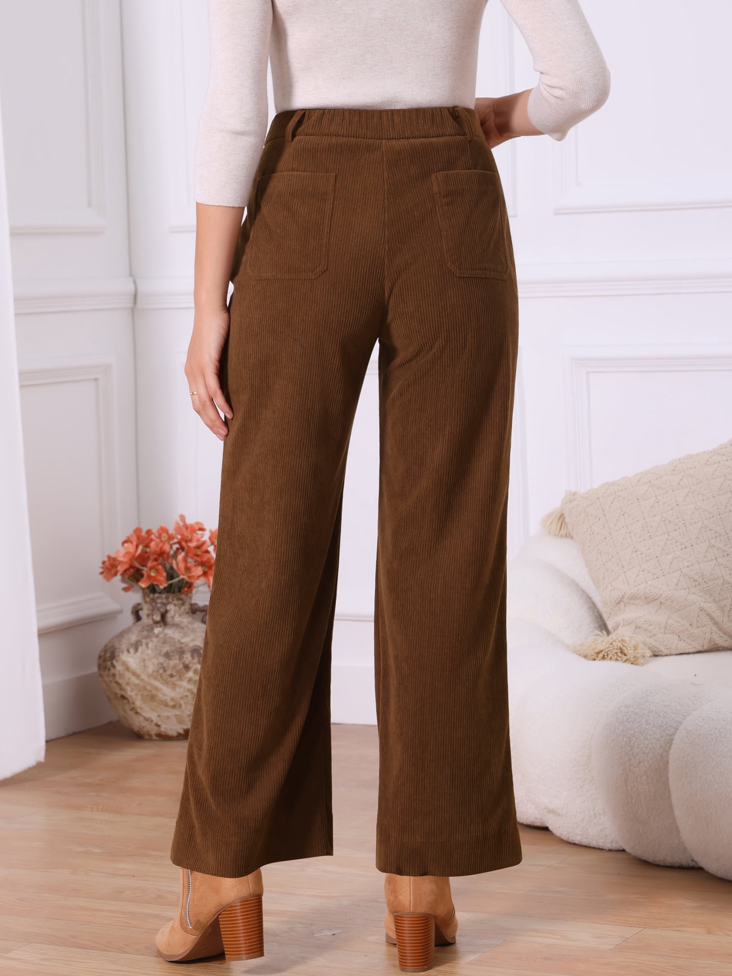 DARING DIVA Women's High Waisted Corduroy Wide Leg Pants with Pockets S Dark Brown