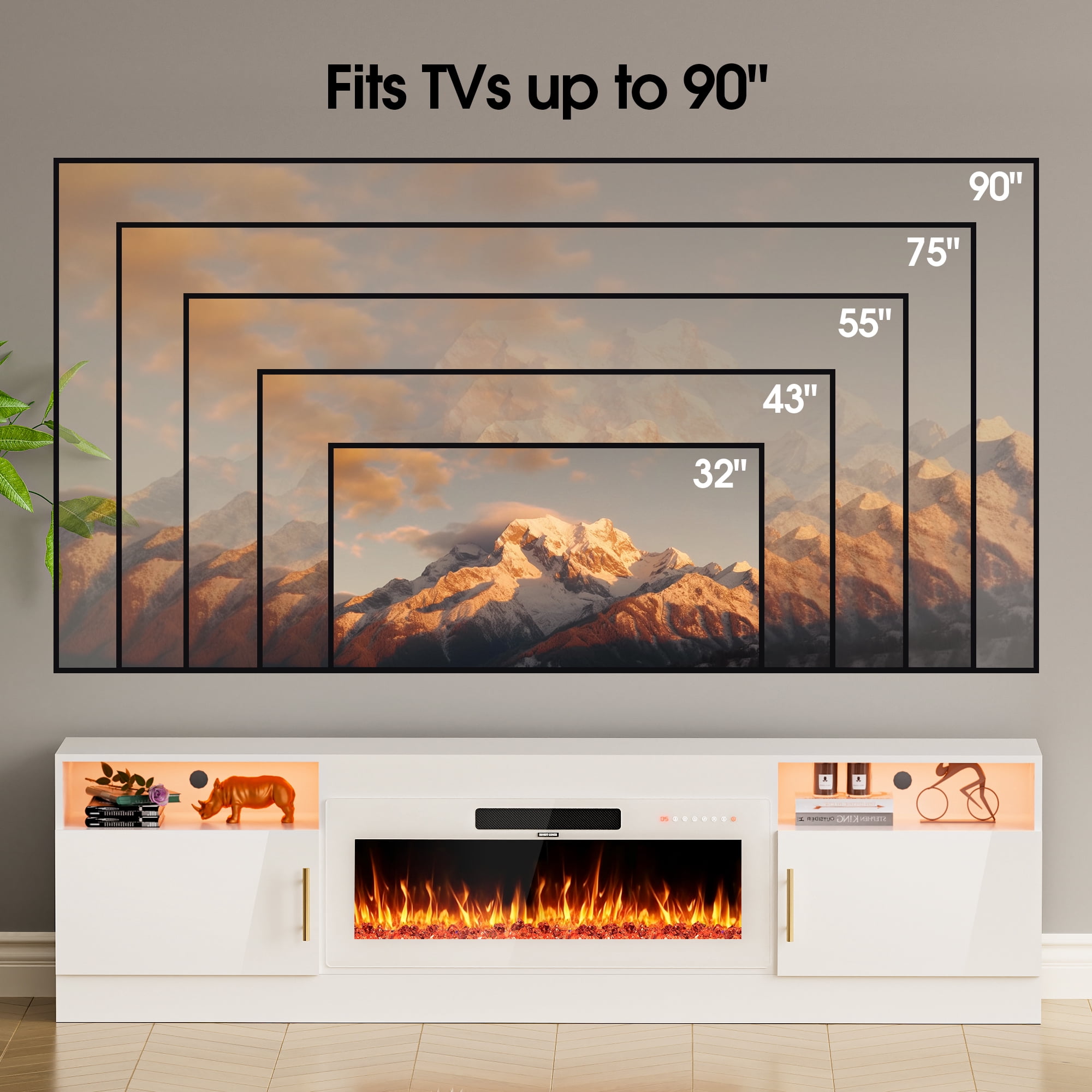 HARIPUL 80” TV Stand with 36" Electric Fireplace for TVs Up to 90 inch, LED Light Entertainment Center with High Gloss Door, Modern Media Console Cabinet for Living Room