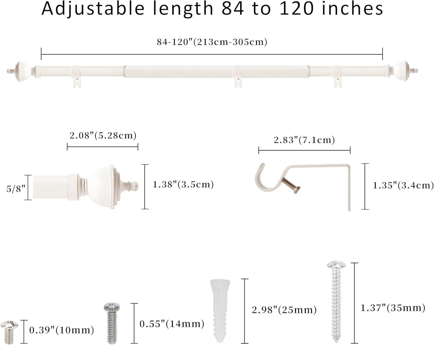 eTeckram 5/8" Single Curtain Rod with Royale Finials,Weathered White,84‘’-120‘’