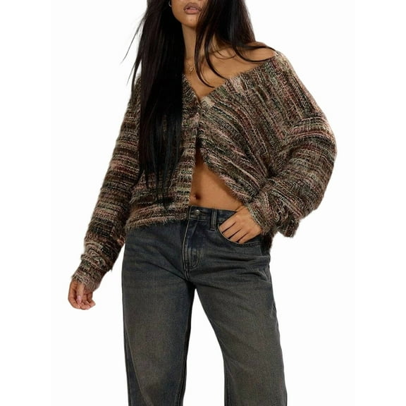 Women'S Oversized Striped Cardigan Sweaters Button Down Long Sleeve Drop Shoulder Knit Outerwear Coat Coffee Color S