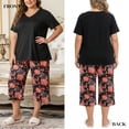 thumbnail image 6 of UNEEI Plus Size Pajamas Set for Women,2 Piece Loungewear Set Floral Sleepwear for Spring Summer Fall,Soft Lightweigh V Neck Short Sleeve Top and Capri Pants, 3XL Black, 6 of 7
