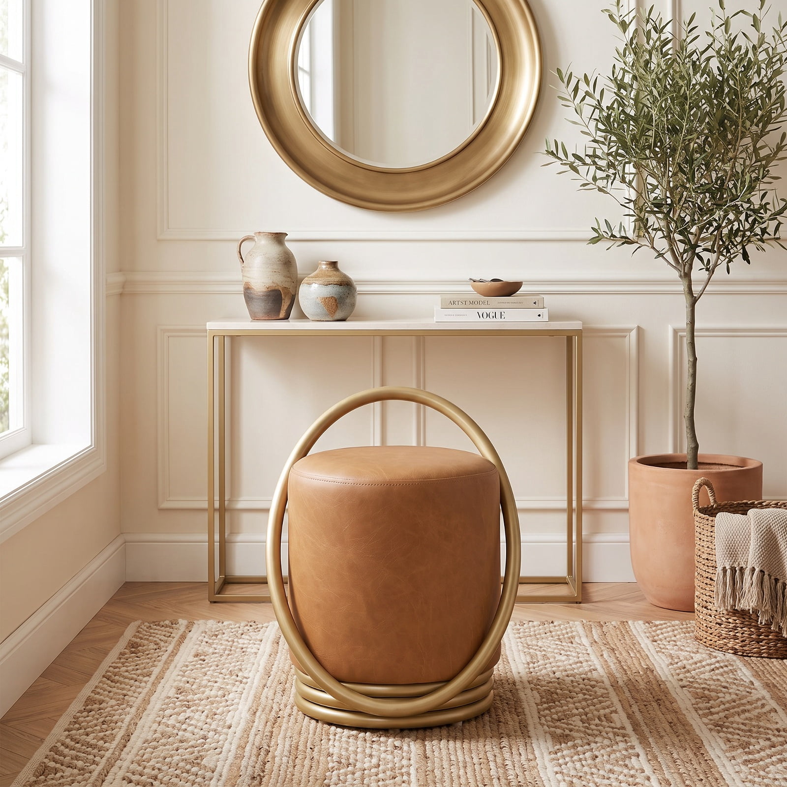 Furnibear Round Vanity Stool with Faux Leather Upholstery and Gold Halo Frame for Makeup Bedroom and Small Space Backless Seating, Yellow