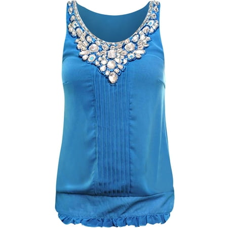Trimmed Chiffon - Turquoise Sleeveless Chiffon Blouse With Rhinestone Trim Neckline Size Small