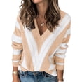 thumbnail image 1 of Suéter PRETTYGARDEN 2025 de rayas con cuello en V beige Talle L, 1 of 7