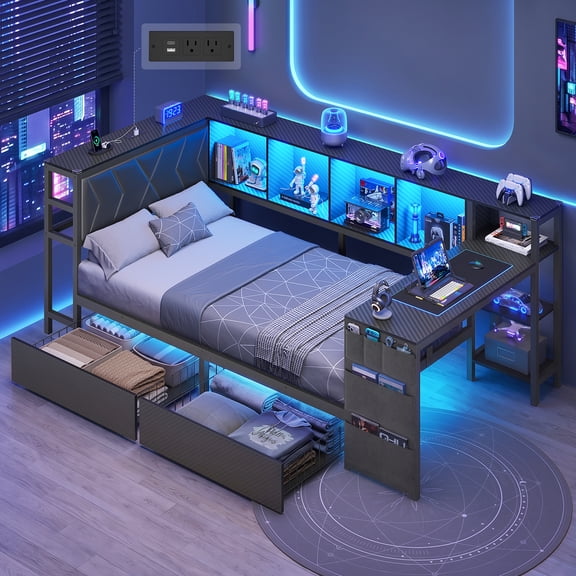 Twin Corner Bed Frame with Desk and Storage Bookcase, Metal Daybed with Charging Station, LED Lights and 2 Drawers, Twin Size Gaming Platform Bed Frame, Esports-Style, Black