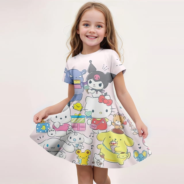 Sanrio Hello Kitty et Amis Été 2024 pour Enfants de 3 à 14 Ans Fille Robe Respirante Imitation Coton Manches Courtes FGS