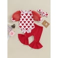 thumbnail image 2 of Bagilaanoe 3pcs Newborn Baby Girl Valentine’s Day Clothes Long Puff Sleeve Romper Tops + Flare Trousers + Headband 3M 6M 12M 18M Infant Pants Set, 2 of 9