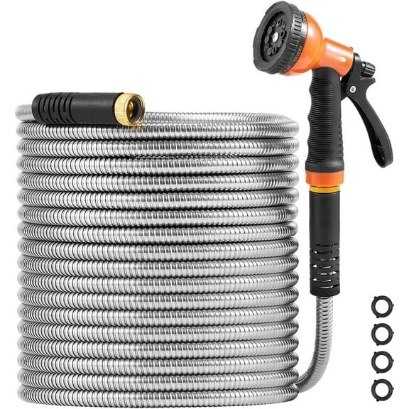 200ft Heavy Duty Garden Hose (Silver) – Stainless Steel, 10-Function Nozzle, Flexible, Lightweight/Rust-Proof