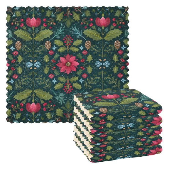 6 Pieces of Kitchen Towels 11x11Inch Kitchen Dish Cloths Kitchen Dish Towels Reuseable Cleaning Cloths Green Christmas Pattern