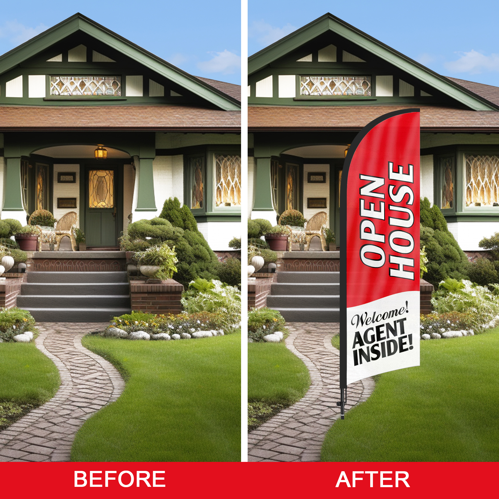 QSUM Open House Feather Flag with Flag Pole Kit and Ground Spike, 7FT Open House Windless Flag Banner Sign Business for Welcome Agent Inside Outdoor Advertising Sign Decoration Display（Red）