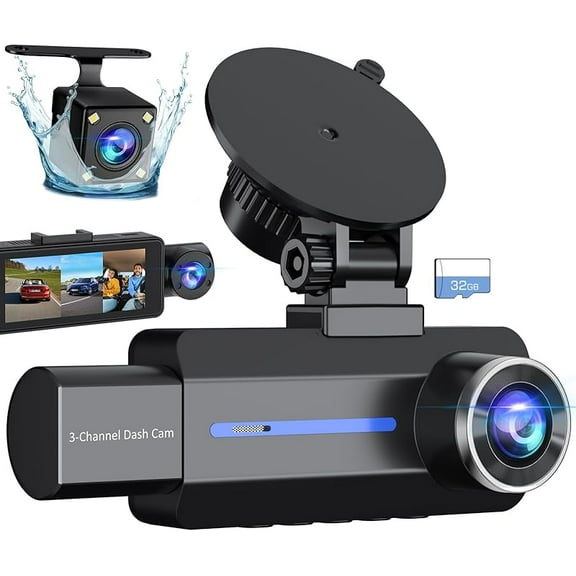 Dash Cam Front and Rear, 2.5K 1440P Triple Car Camera with 32GB Card, 3 Channel Dash Camera for Cars, G-Sensor, 3.16” IPS Screen, 24Hr Parking, 170 ° Wide Angle, Loop Recording, IR Night Vision, Blue