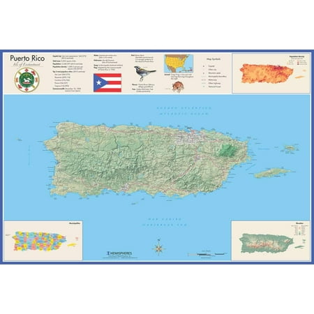 Puerto Rico Laminated Wall Map Laminated Poster - (Best Beaches In Puerto Rico Map)