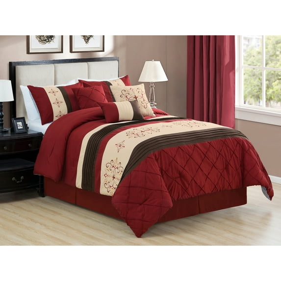 7-Pc Diamond Pleated Scroll Damask Floral Embroidery Comforter Set Burgundy Beige Brown King