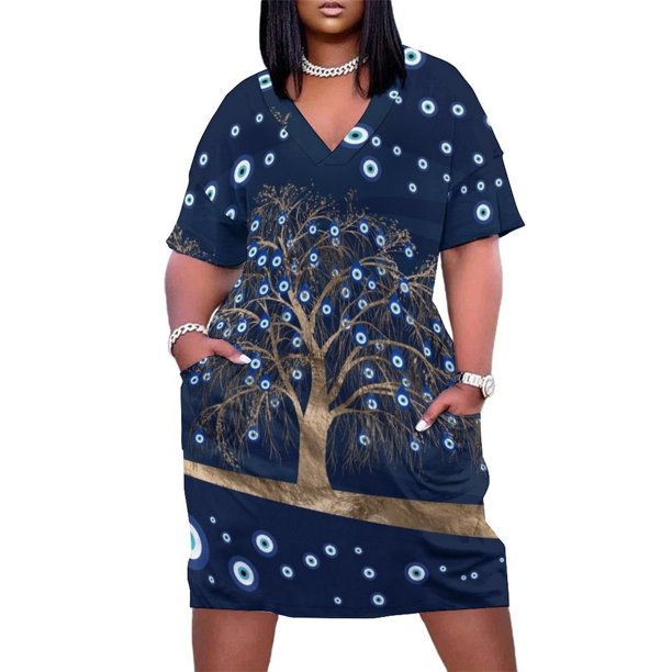 Nazar Charm Tree-vestido de noche suelto dorado sobre azul oscuro vestido de bolsillo ropa estética de lujo
