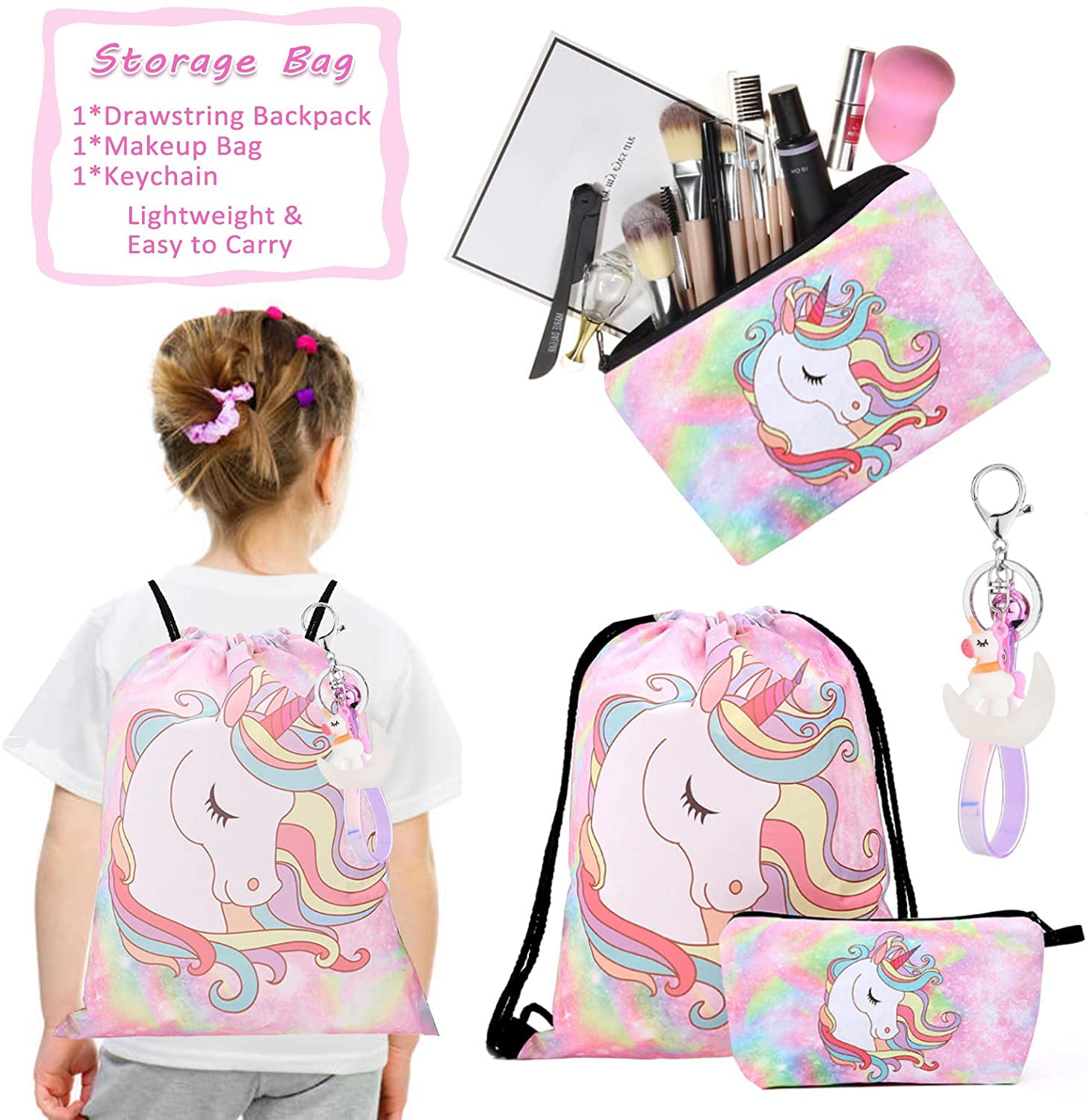 Unicorn Gifts for Girl Drawstring Backpack/Makeup Bag/Unicorn Necklace/Bracelet/Hair Ties 