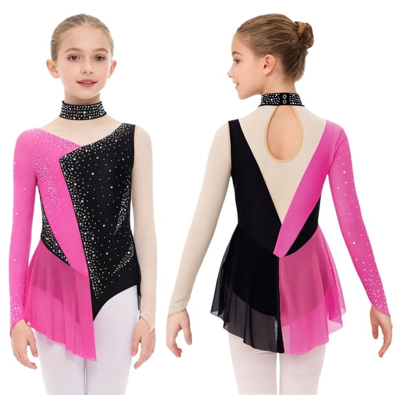 renvena Girls Figure Ice Skating Dress Long Sleeve Shiny Rhinestone Mesh Spliced Gymnastics Ballet Leotard Light Hot Pink 8