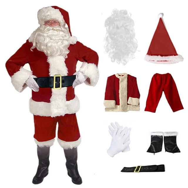 Disfraz de Papá Noel, traje completo de Navidad para adultos, traje de Papá Noel con sombrero, barba y golf, 7 Uds.