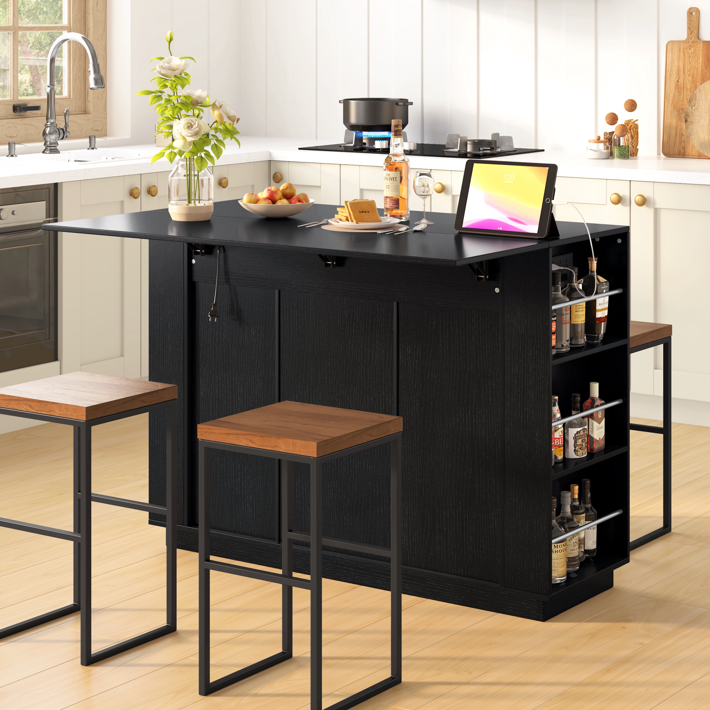 Mintazer Kitchen Island Bar Cabinet with Foldable Top & Power Outlet, Storage Freestanding Counter Wine Station with Wine Rack & 2 Door, Black (Chairs Not Included)