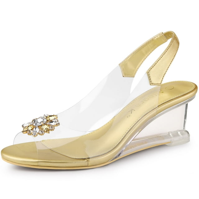 BLISSFUL STEP Sandales à Talons Compensés Transparentes pour Femmes avec Strass Or (Taille 8)