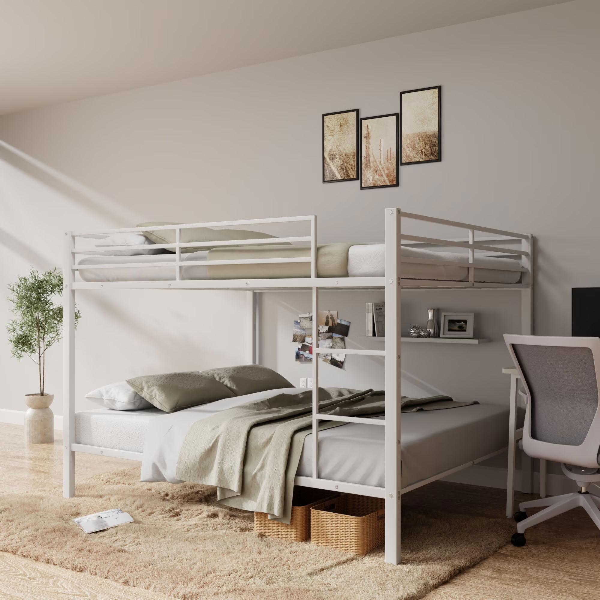 MAYEERTY Full Over Full Metal Bunk Bed, Low Profile Bed Frame with Built-in Ladder and Full Length Guardrails, Space Saving for Kids Teens Dorm Room