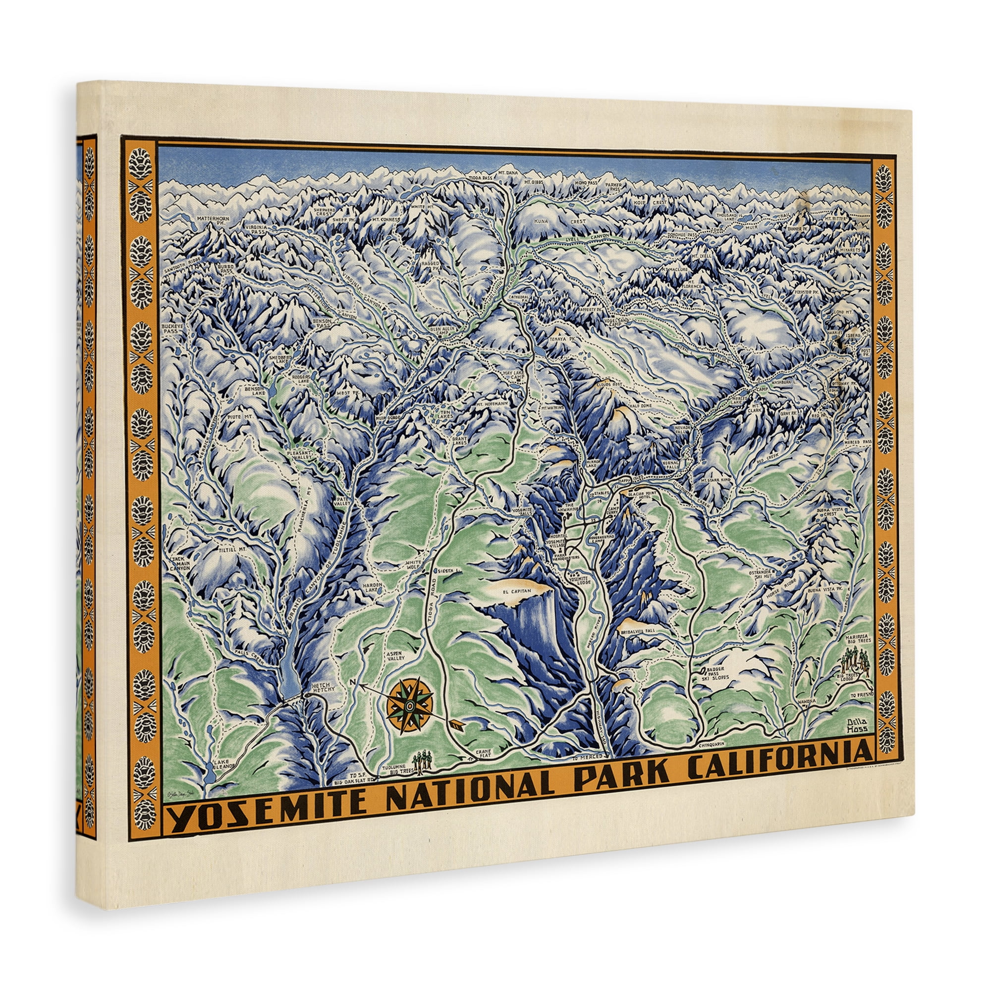 Stupell Industries Vintage Yosemite Map Town & City Painting Gallery Wrapped Canvas Art Print Wall Art, 30 x 24