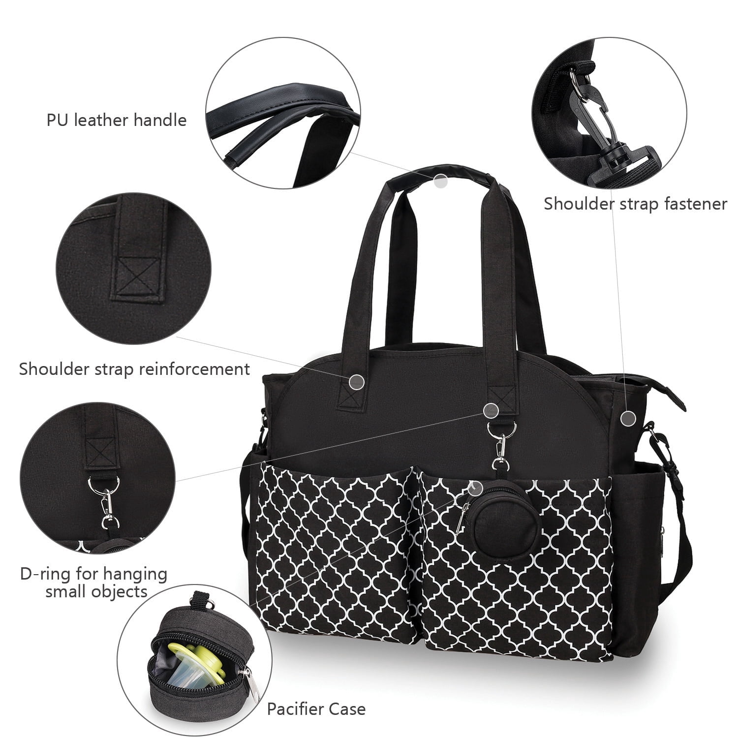 Multi-Function Travel Diaper Bag Tote Black for Parents with Pacifier Holder Adjustable Strap Insulated Pockets
