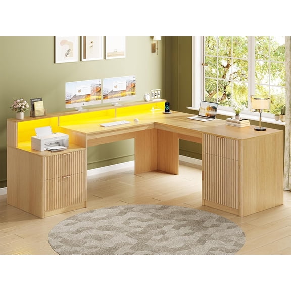 66" Modern L Shaped Computer Desk with 3 Drawers and Storage Cabinet, Fluted Home Office Desk with Led Lights, Wood Executive Desk