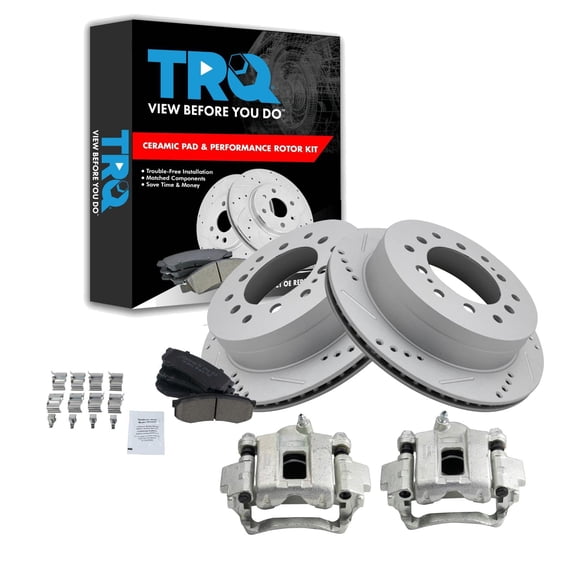 TRQ Rear Performance Brake Pad & Rotor Kit Brake Caliper Brake Pads Brake Rotors Set Ceramic Vented Premium G-Coated Fits Select 2003-2009 Lexus GX470 2001-2007 Toyota Sequoia