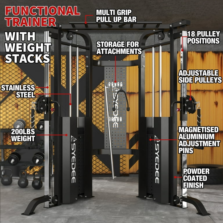 Functional trainer cable machine with dual 200 lbs weight stacks clearance