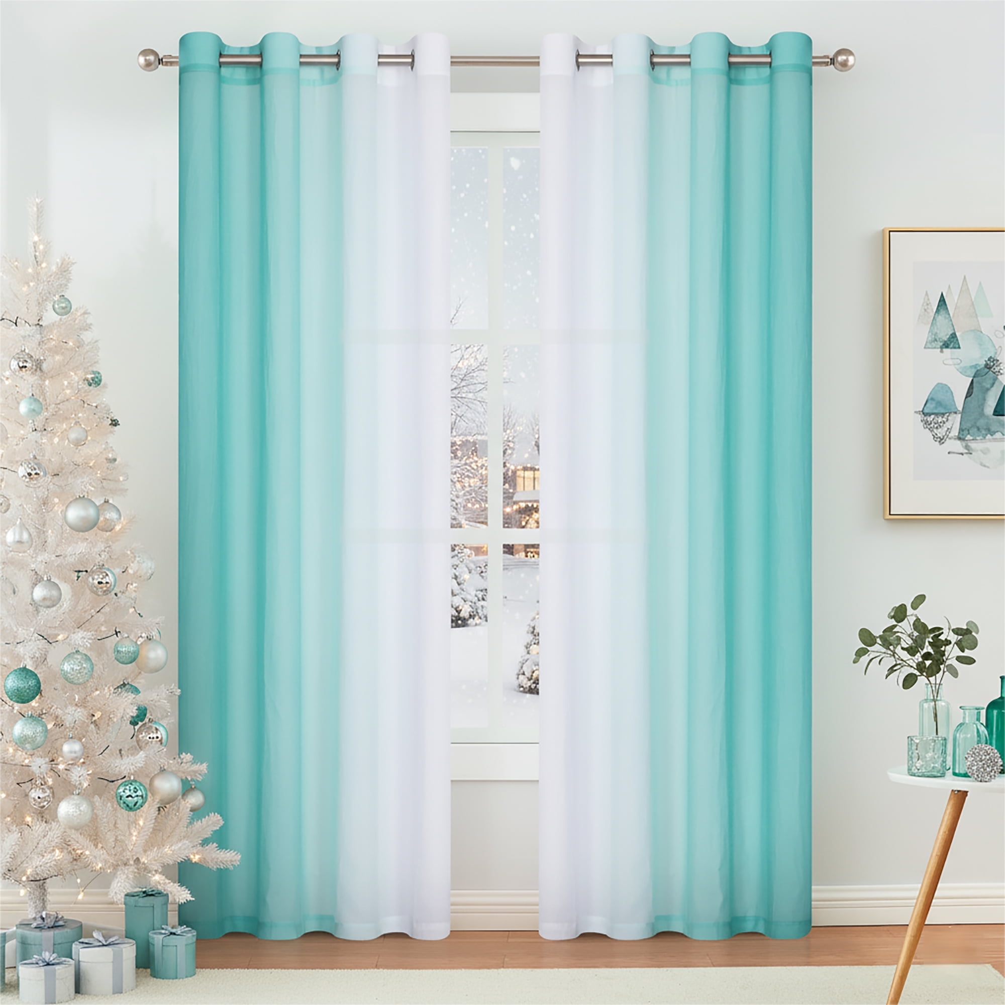 Junvictex Ombre Chiffon Sheer Curtains Teal 52"Wx54"L for Bedroom Living Room Decoration, Window Treatments Grommet, 2 Panels